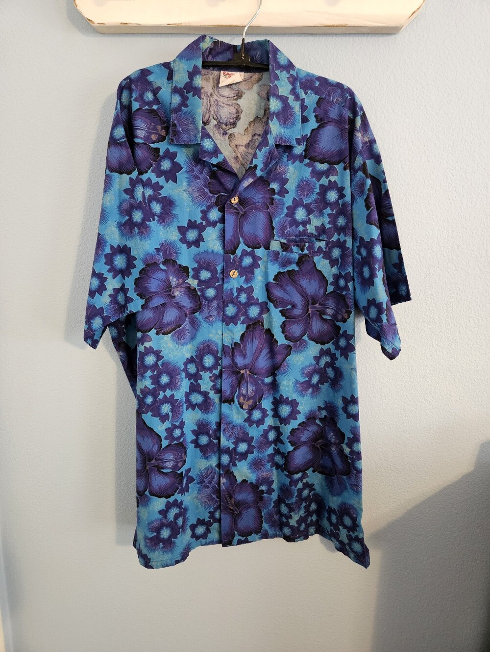 Vintage Barefoot Paradise Blue & Purple Floral Hawaiian Button-Up Shirt